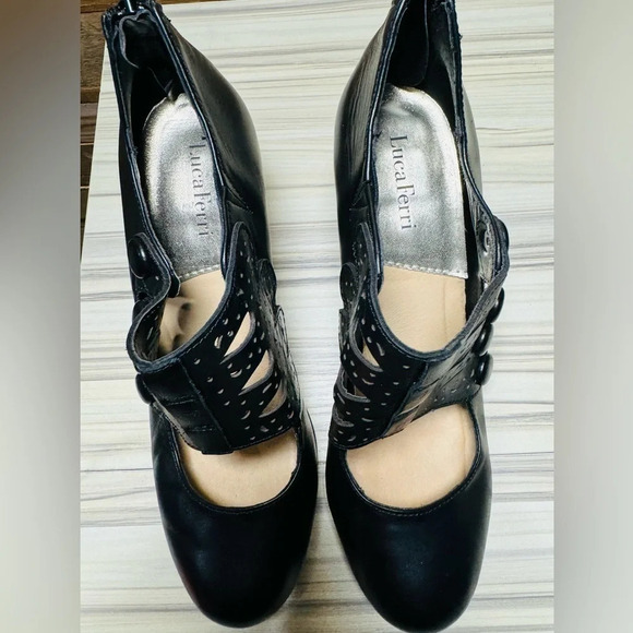 Luca Ferri Mary Jane pump caged butterfly black buttons zipper back US7 chunky - Picture 3 of 6